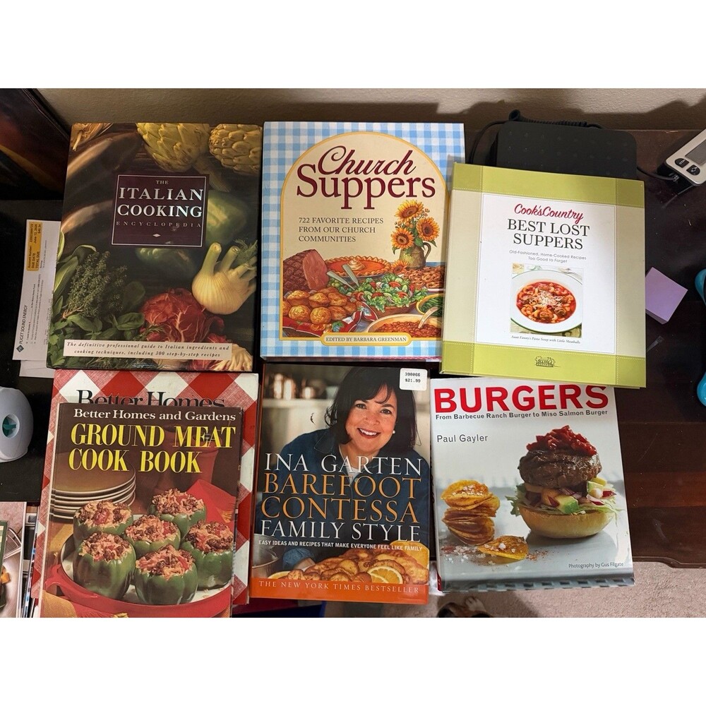 Vintage Cookbook Lot 7 Books - Church Suppers, Italian Cooking, Burgers And More
